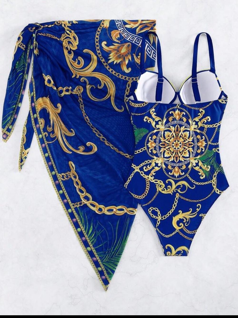 Navy Blue & Gold Chain Print One-Piece Swimsuit with Beach Skirt - Picture 5 of 5